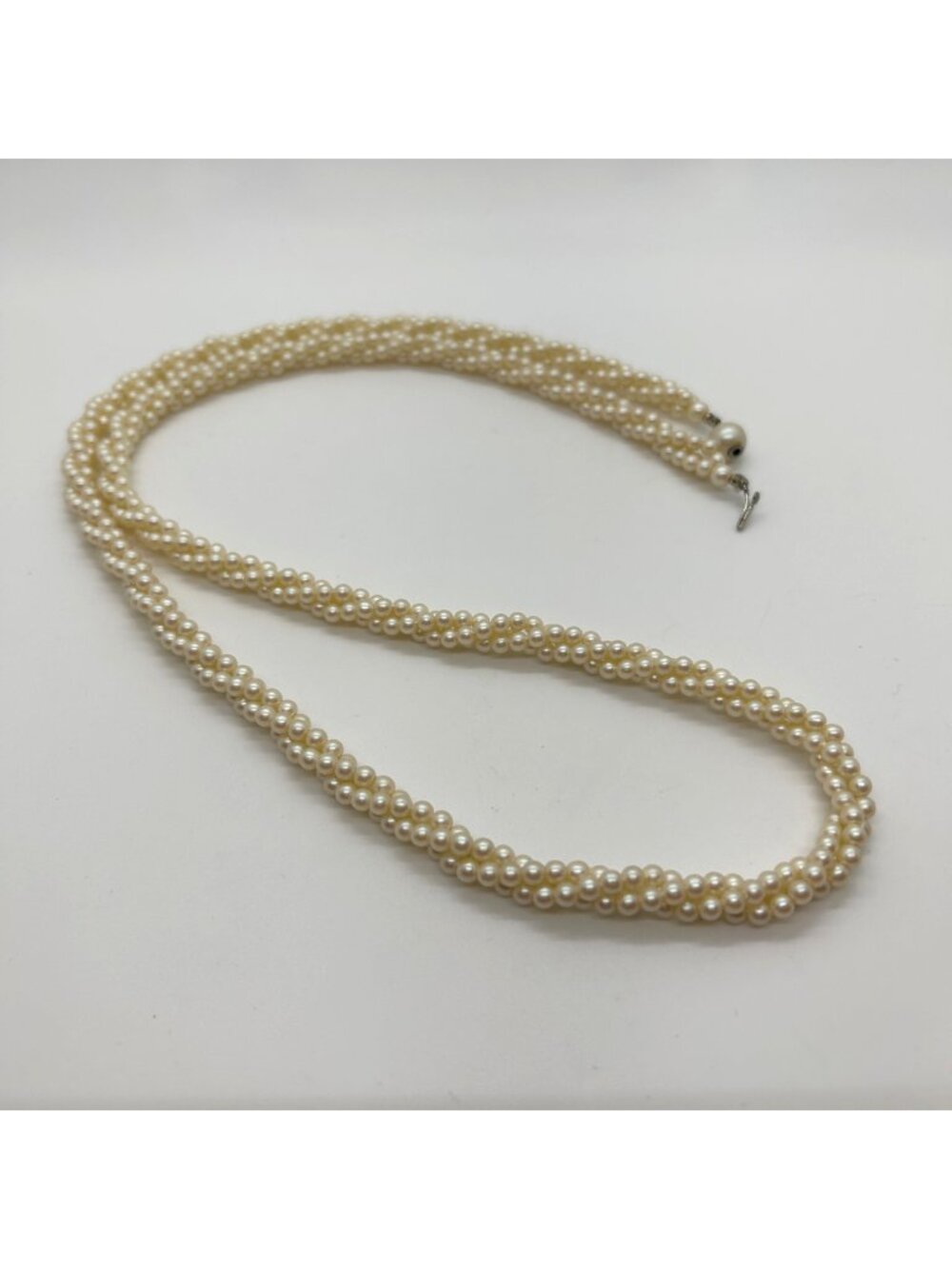 Vintage Triple Strand Twisted Faux Seed Pearl Torsade Necklace Gold Tone Clasp